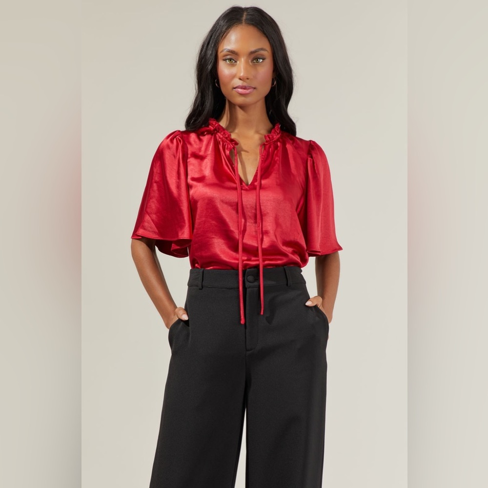 Sugarlips - Cherry Satin Flutter Sleeve Blouse - New with tags!